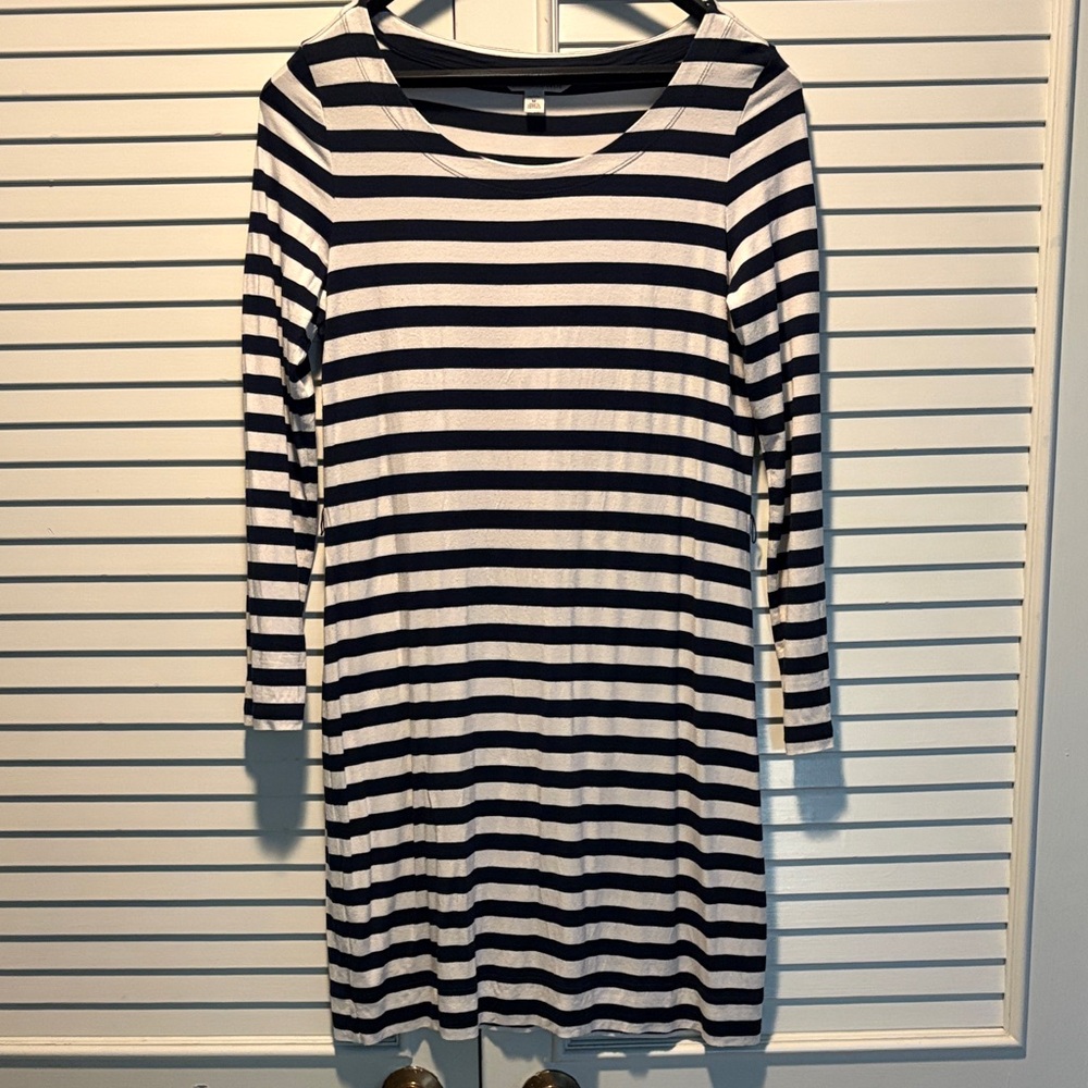 Banana Republic Navy Blue and White Striped Long Sleeve Dress in Size Medium